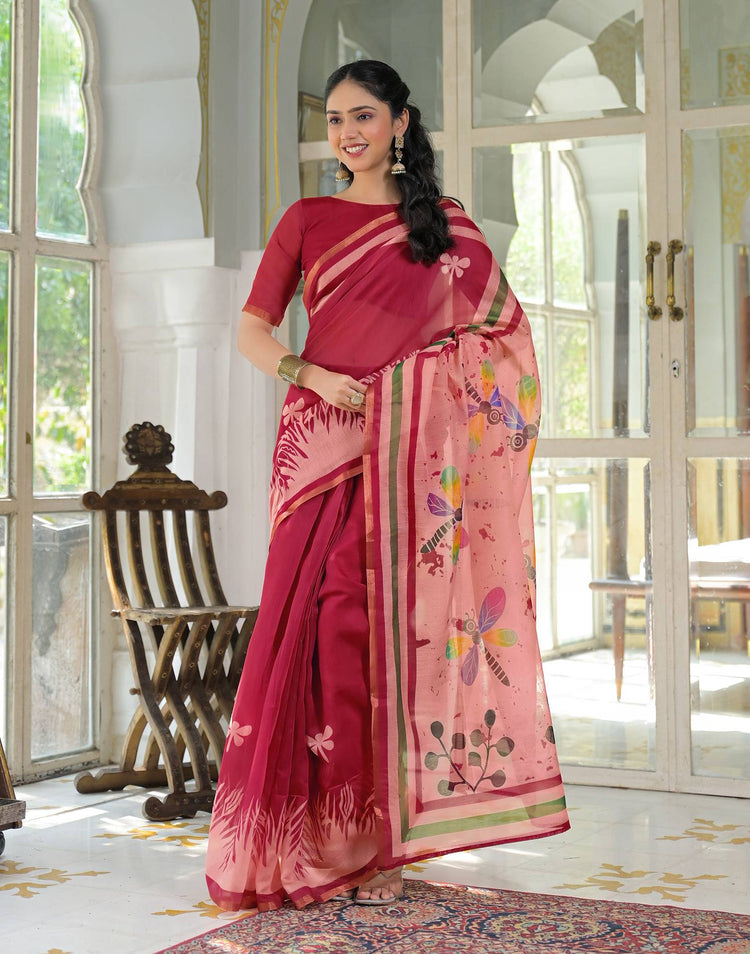 Ready To Wear Red Cotton Linen Printed Saree