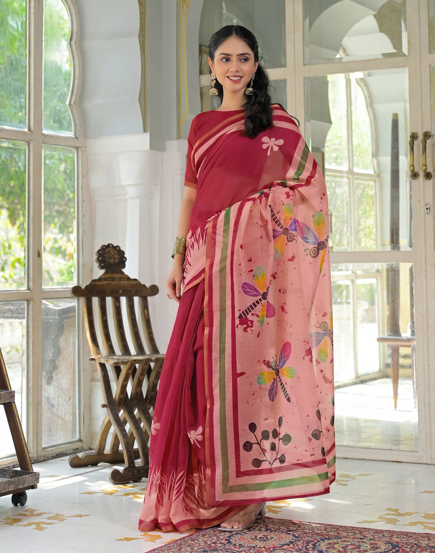 Ready To Wear Red Cotton Linen Printed Saree