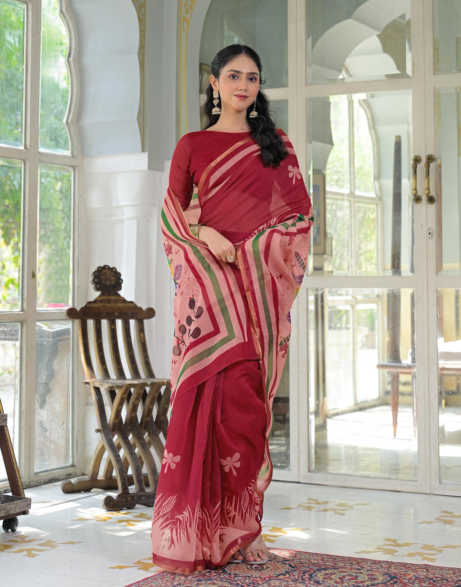 Ready To Wear Red Cotton Linen Printed Saree