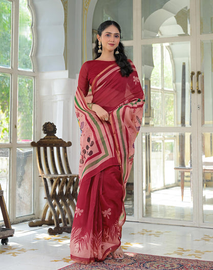 Ready To Wear Red Cotton Linen Printed Saree