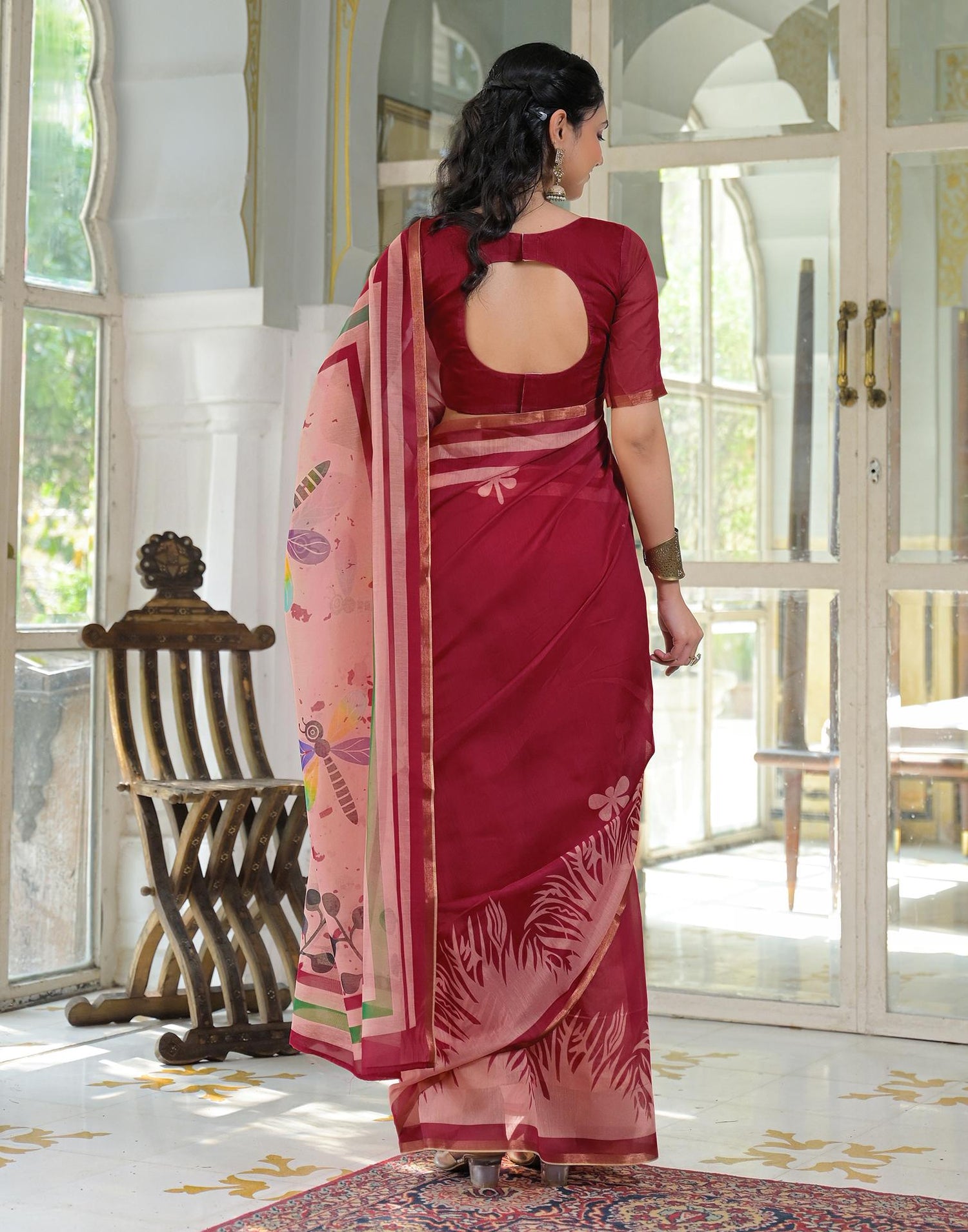Ready To Wear Red Cotton Linen Printed Saree