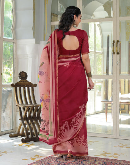 Ready To Wear Red Cotton Linen Printed Saree