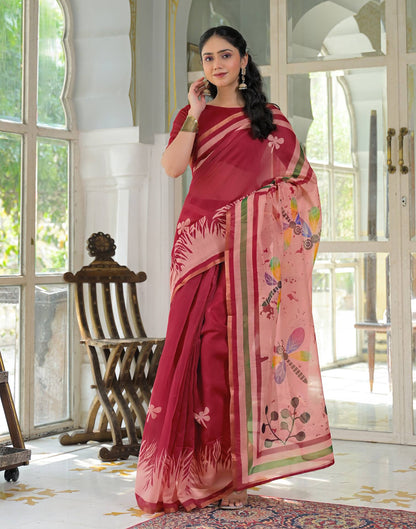 Ready To Wear Red Cotton Linen Printed Saree