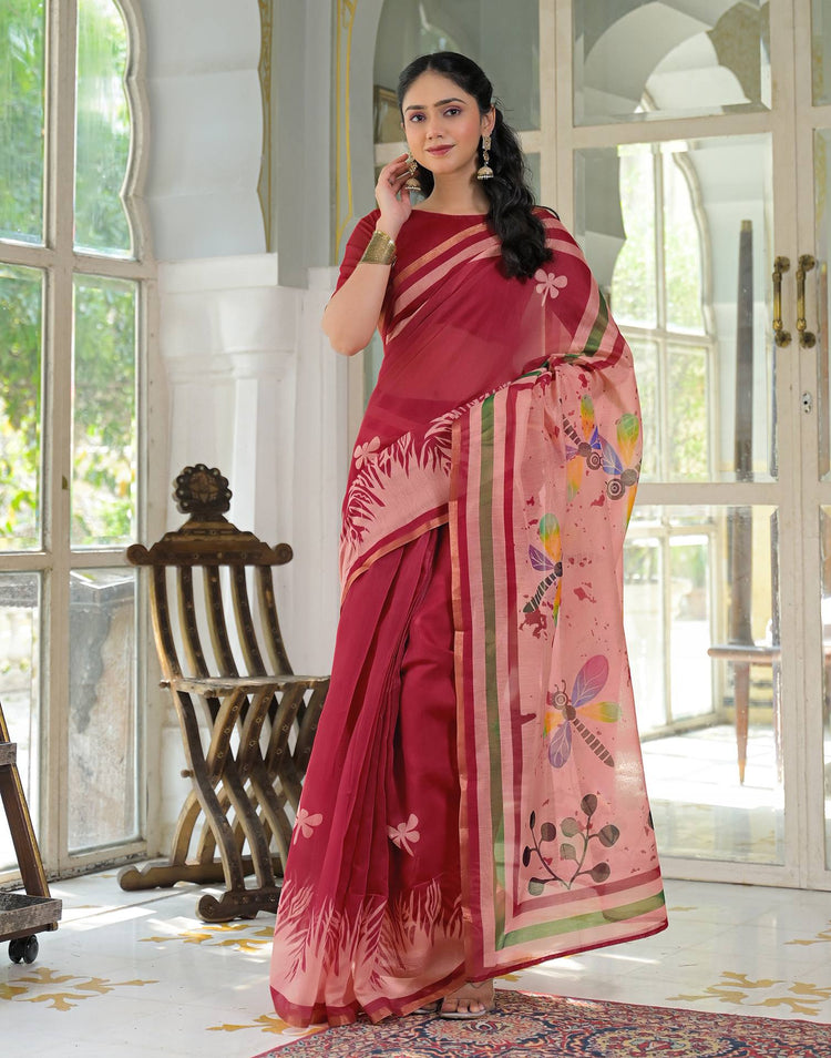 Ready To Wear Red Cotton Linen Printed Saree
