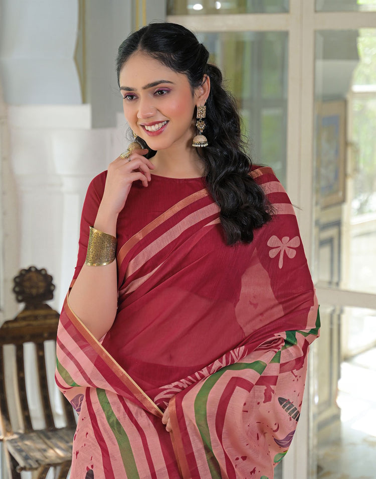 Ready To Wear Red Cotton Linen Printed Saree