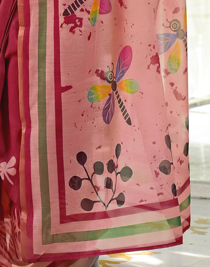 Ready To Wear Red Cotton Linen Printed Saree