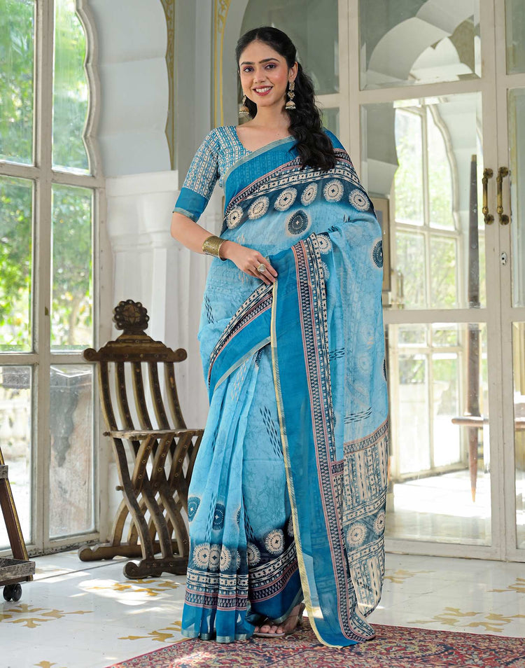 Ready To Wear Sky Blue Cotton Linen Printed Saree