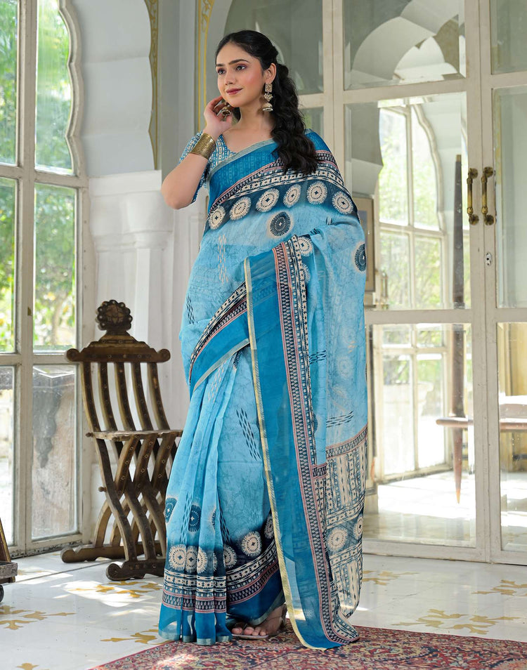 Ready To Wear Sky Blue Cotton Linen Printed Saree