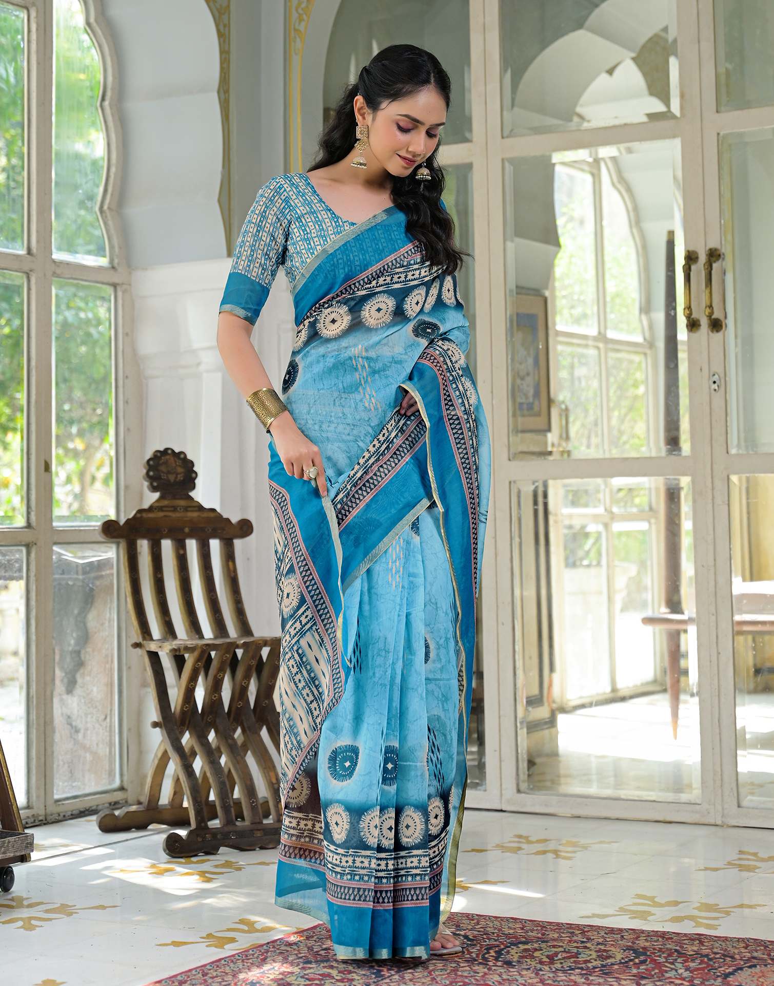 Ready To Wear Sky Blue Cotton Linen Printed Saree
