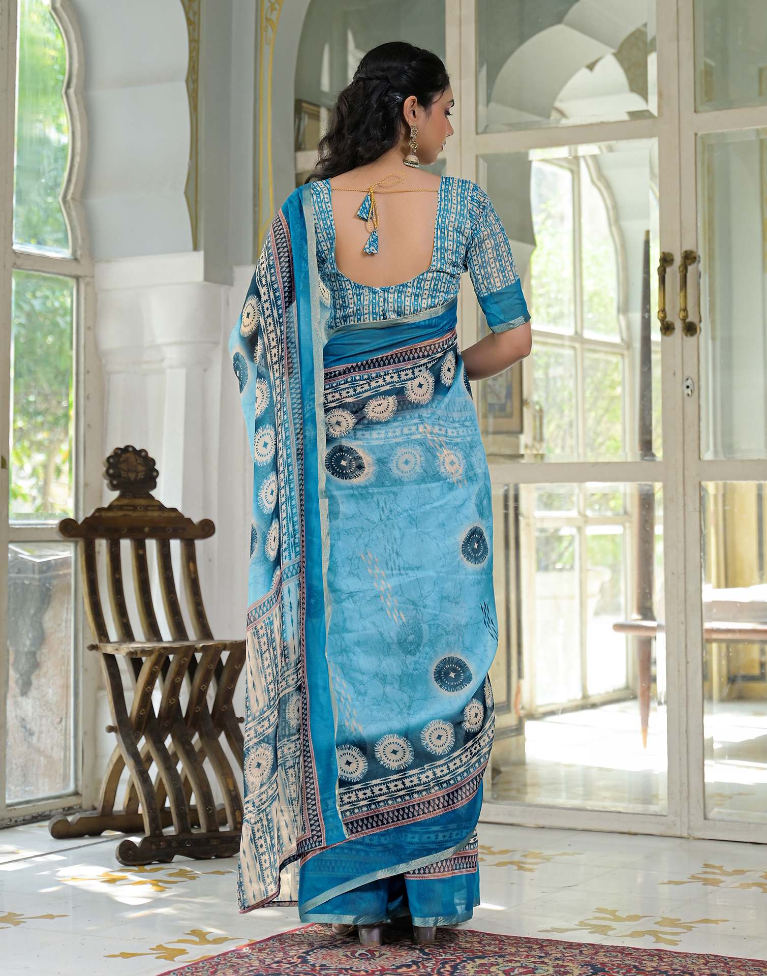 Ready To Wear Sky Blue Cotton Linen Printed Saree