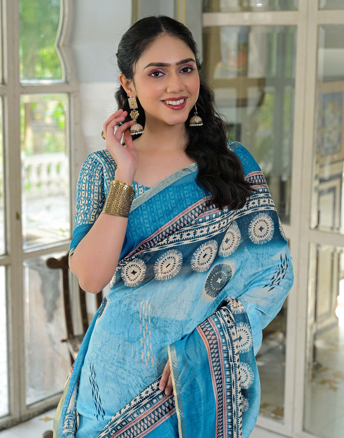 Ready To Wear Sky Blue Cotton Linen Printed Saree