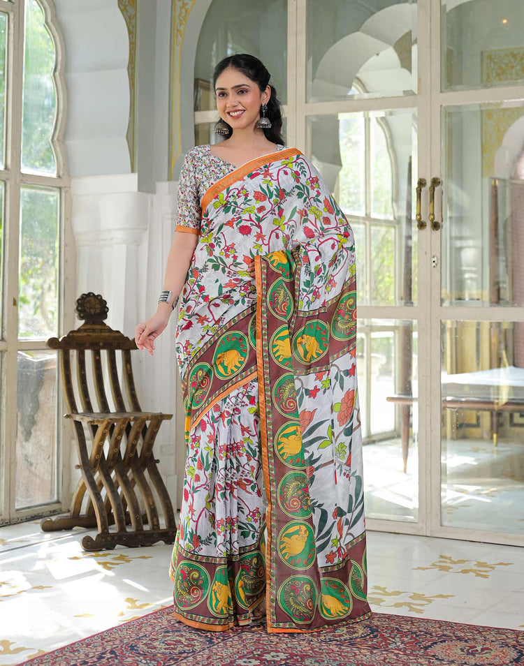 Ready To Wear White Silk Printed Saree