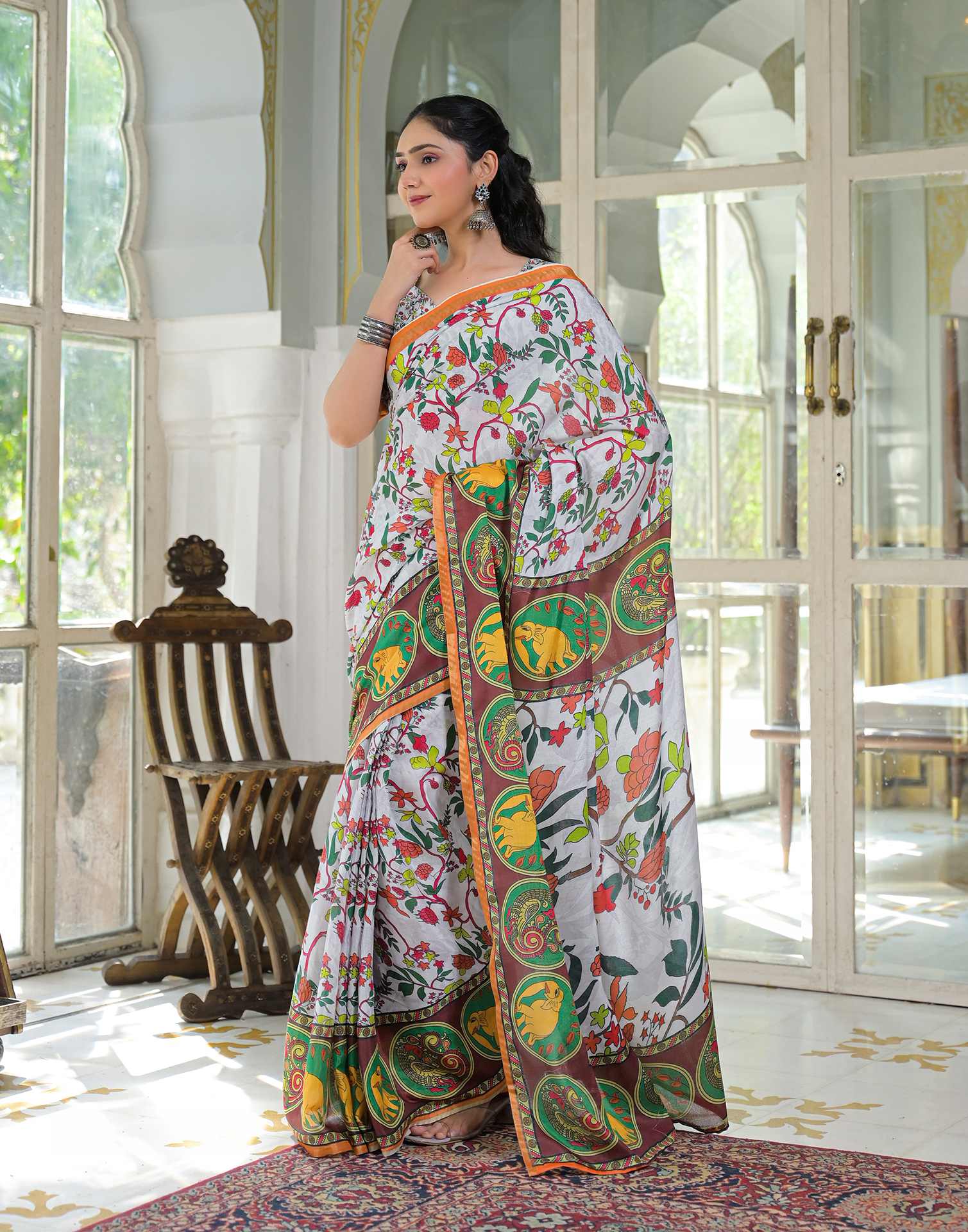 Ready To Wear White Silk Printed Saree