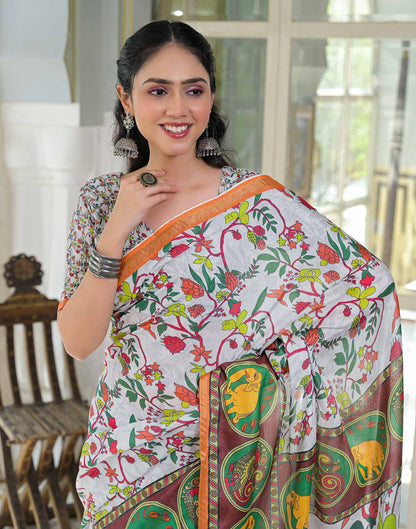 Ready To Wear White Silk Printed Saree