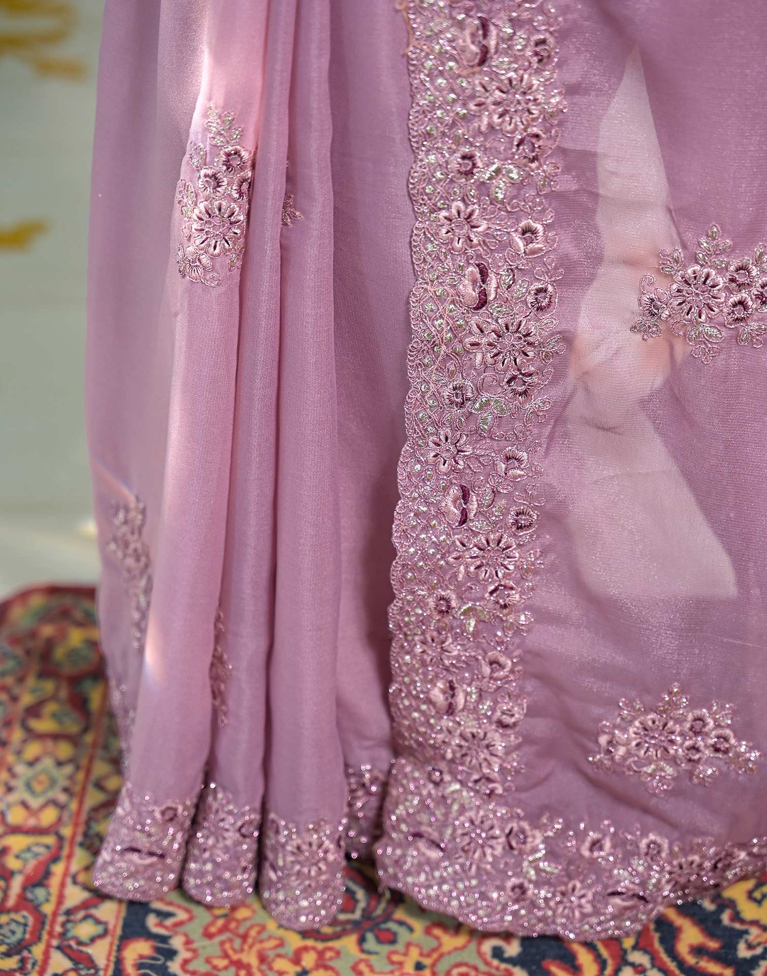 Dusty Mauve Shimmer Embroidery Saree