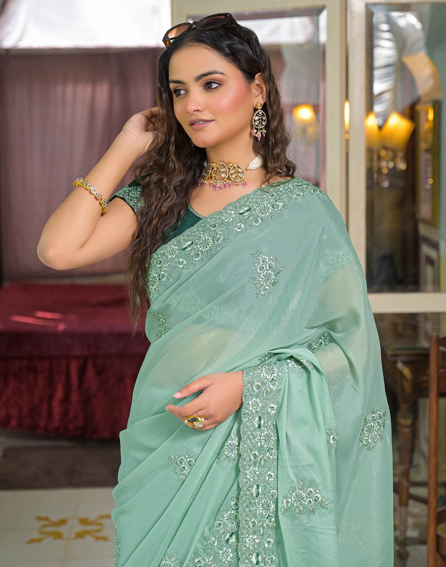Pista Green Shimmer Embroidery Saree