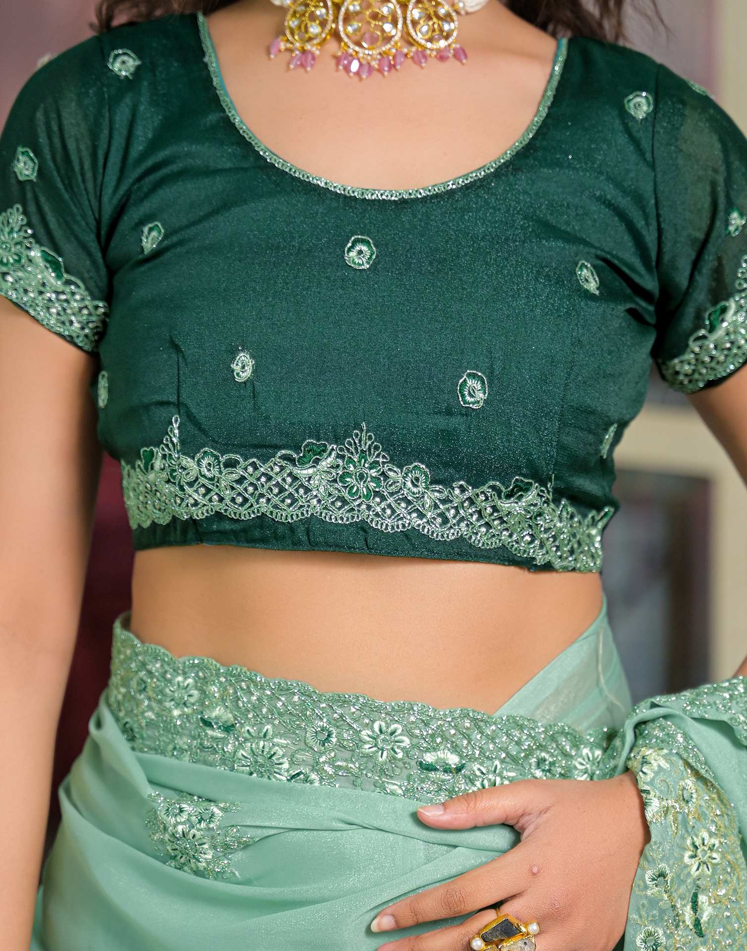 Pista Green Shimmer Embroidery Saree