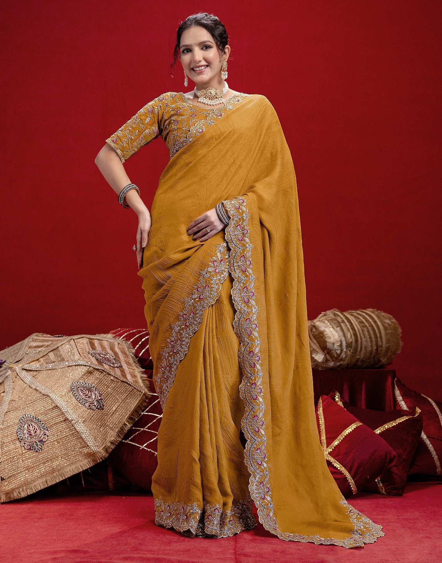 Mustard Yellow Crush Satin Embroidery Saree