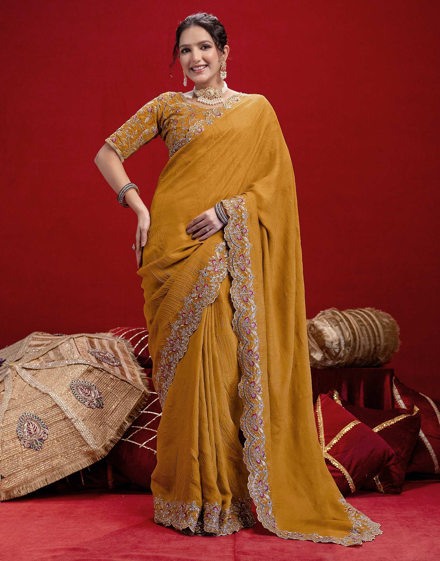 Mustard Yellow Crush Satin Embroidery Saree