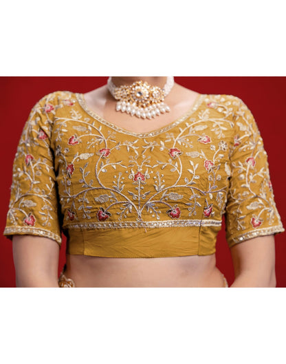 Mustard Yellow Crush Satin Embroidery Saree