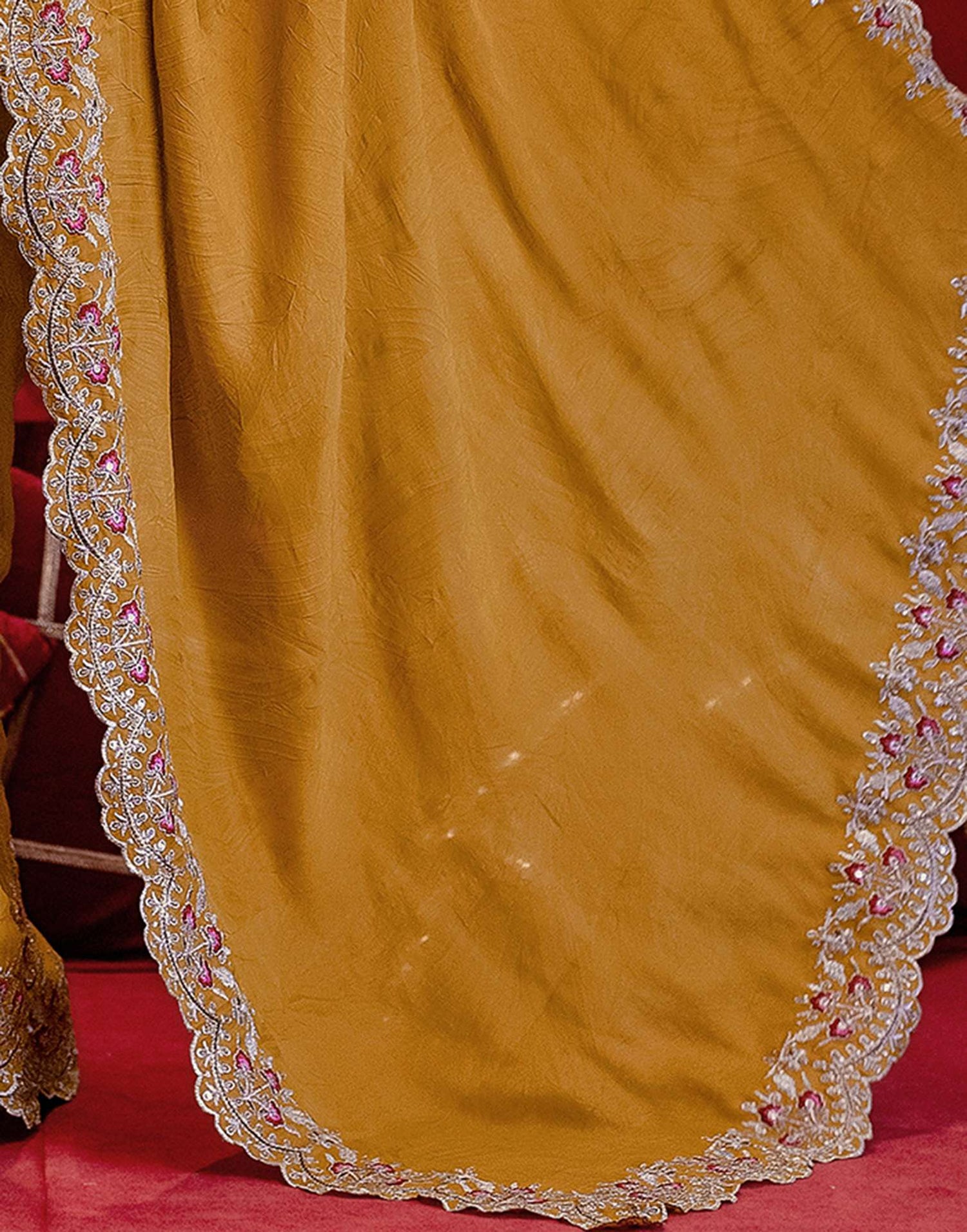 Mustard Yellow Crush Satin Embroidery Saree