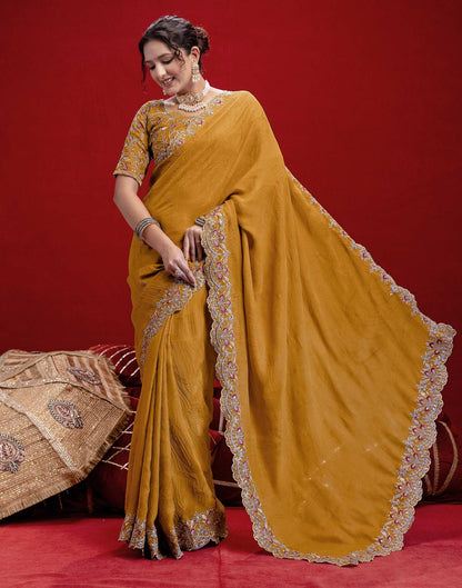 Mustard Yellow Crush Satin Embroidery Saree