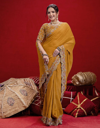 Mustard Yellow Crush Satin Embroidery Saree