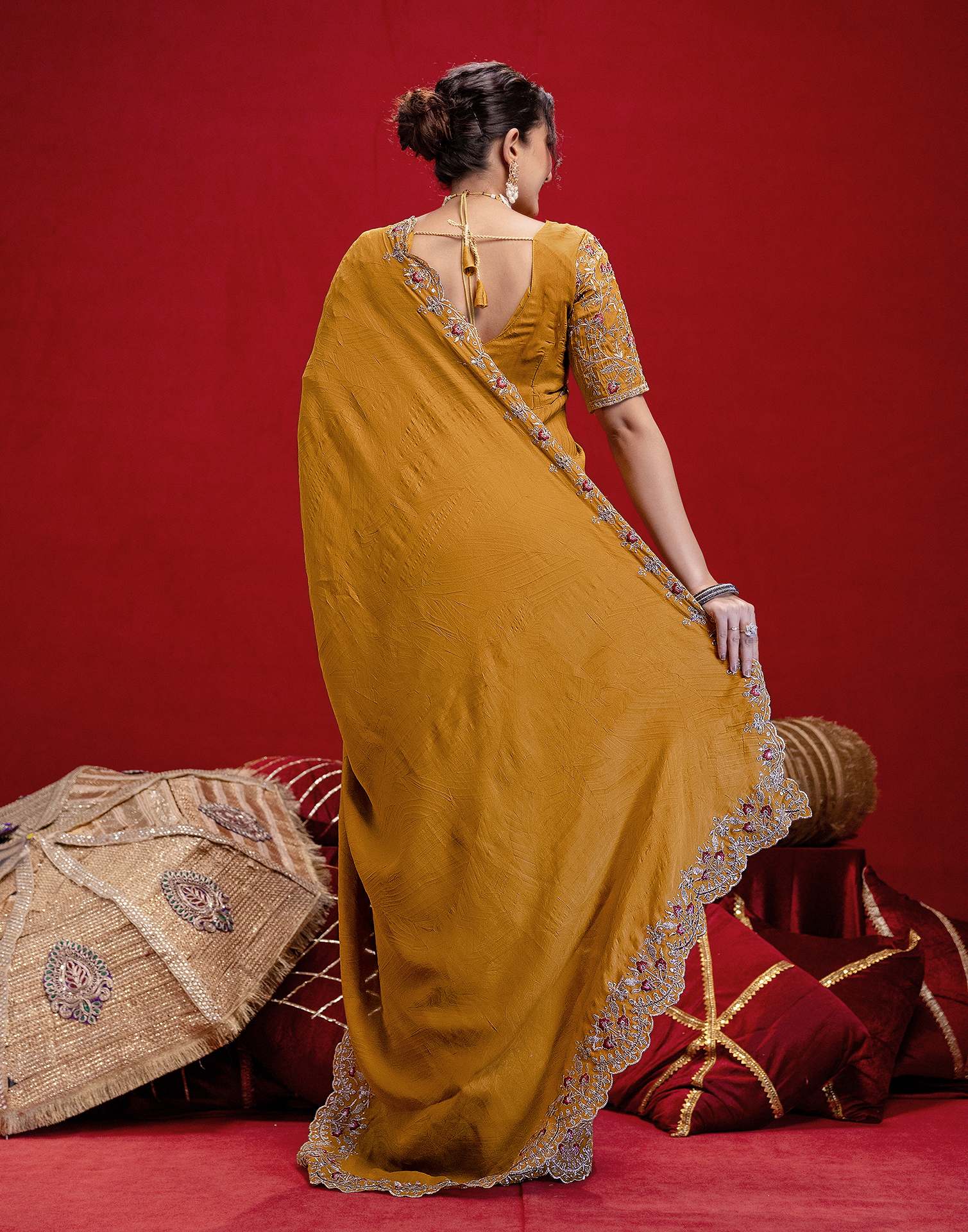Mustard Yellow Crush Satin Embroidery Saree