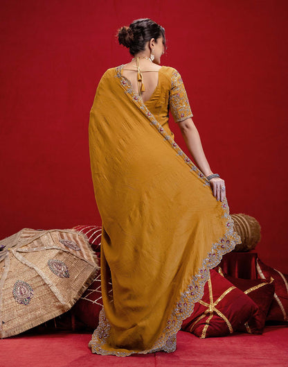 Mustard Yellow Crush Satin Embroidery Saree