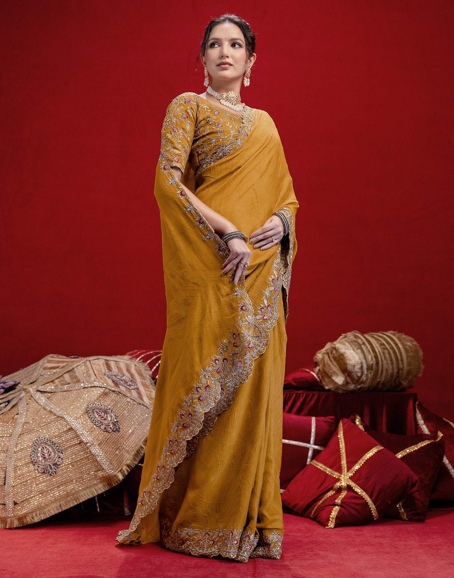 Mustard Yellow Crush Satin Embroidery Saree