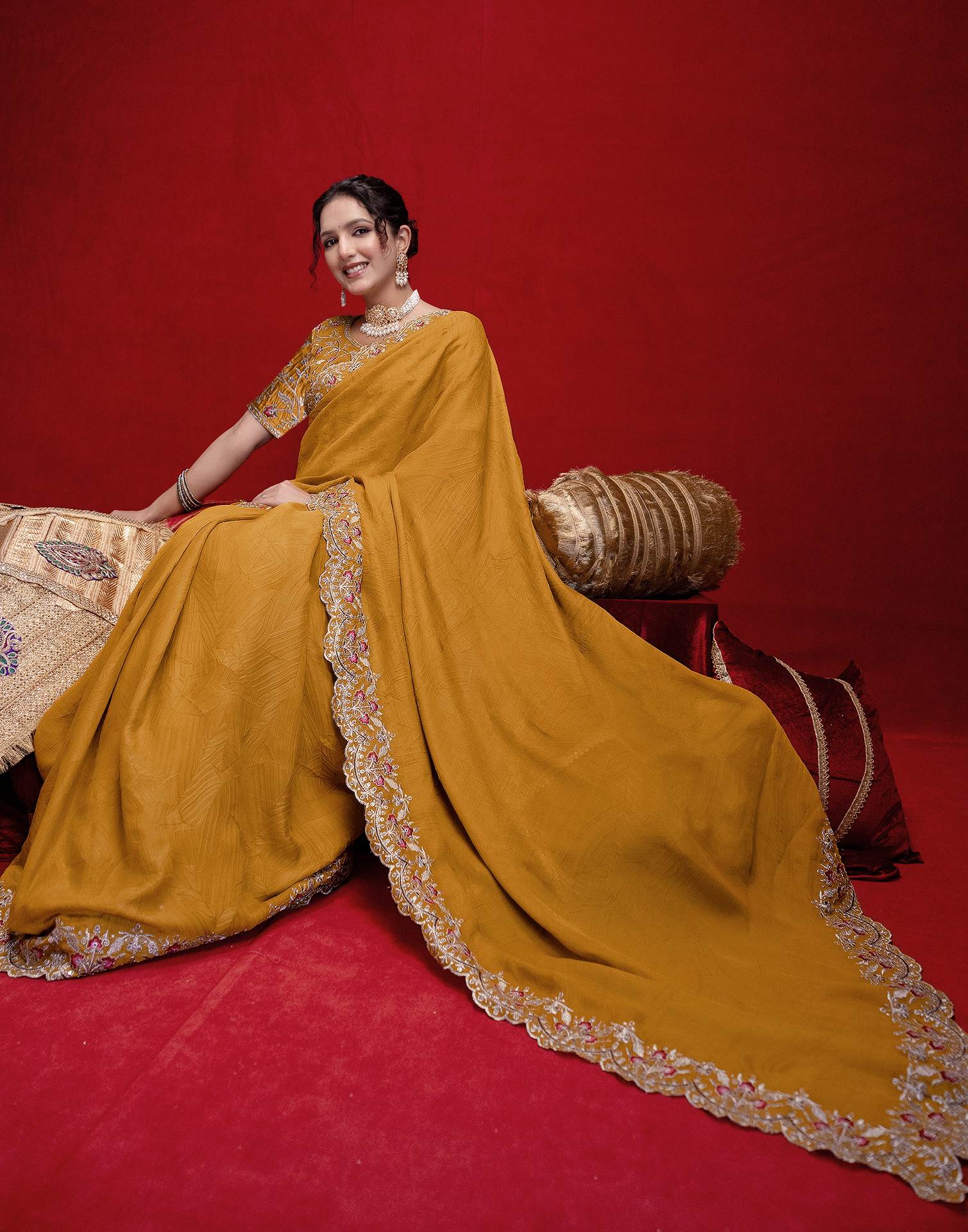 Mustard Yellow Crush Satin Embroidery Saree
