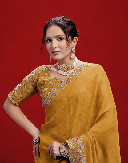 Mustard Yellow Crush Satin Embroidery Saree