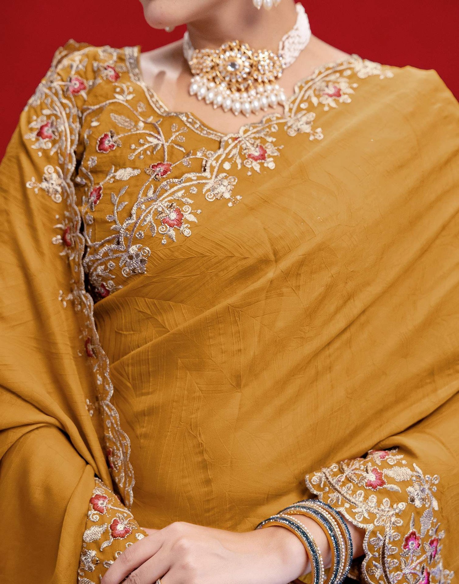 Mustard Yellow Crush Satin Embroidery Saree