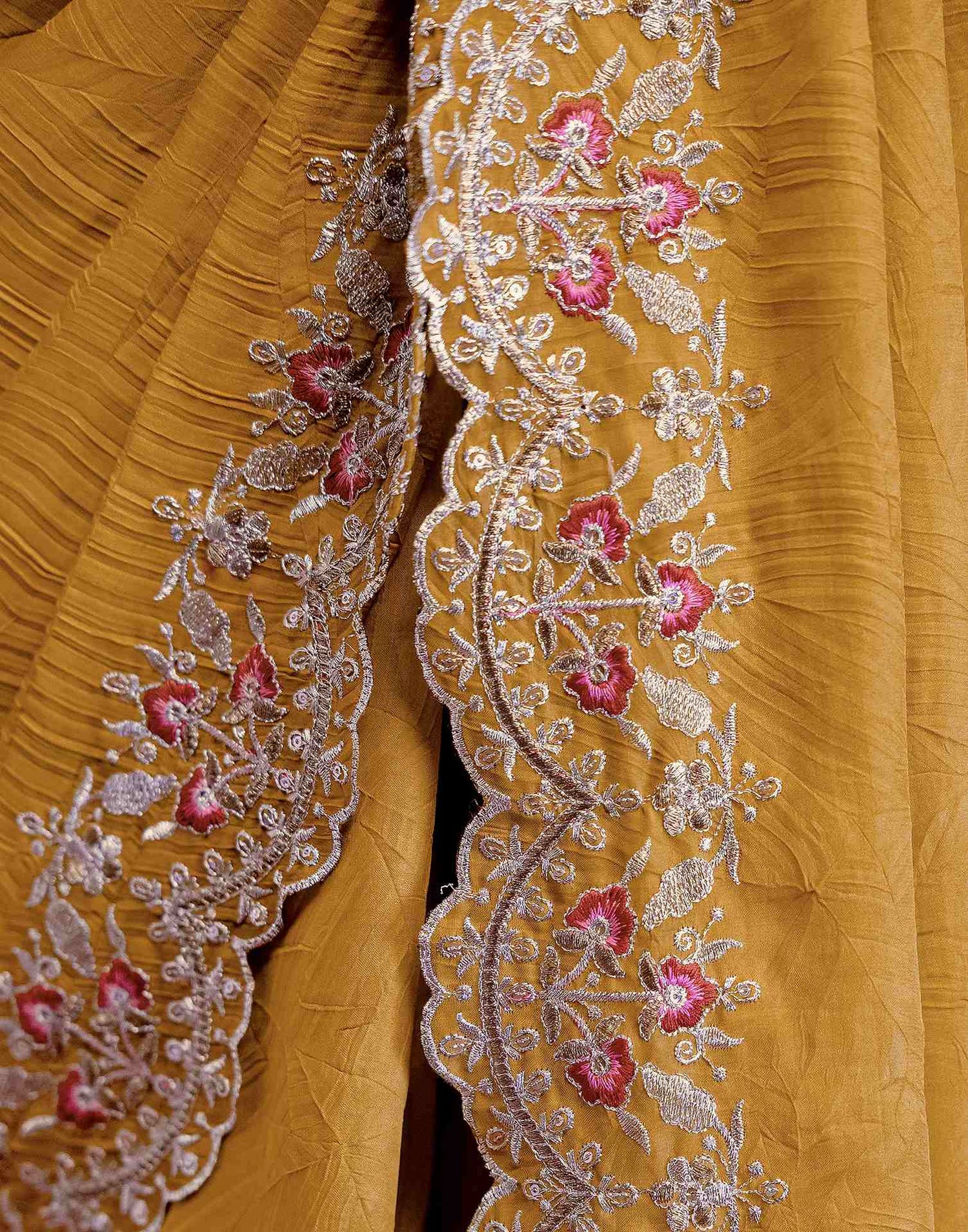 Mustard Yellow Crush Satin Embroidery Saree