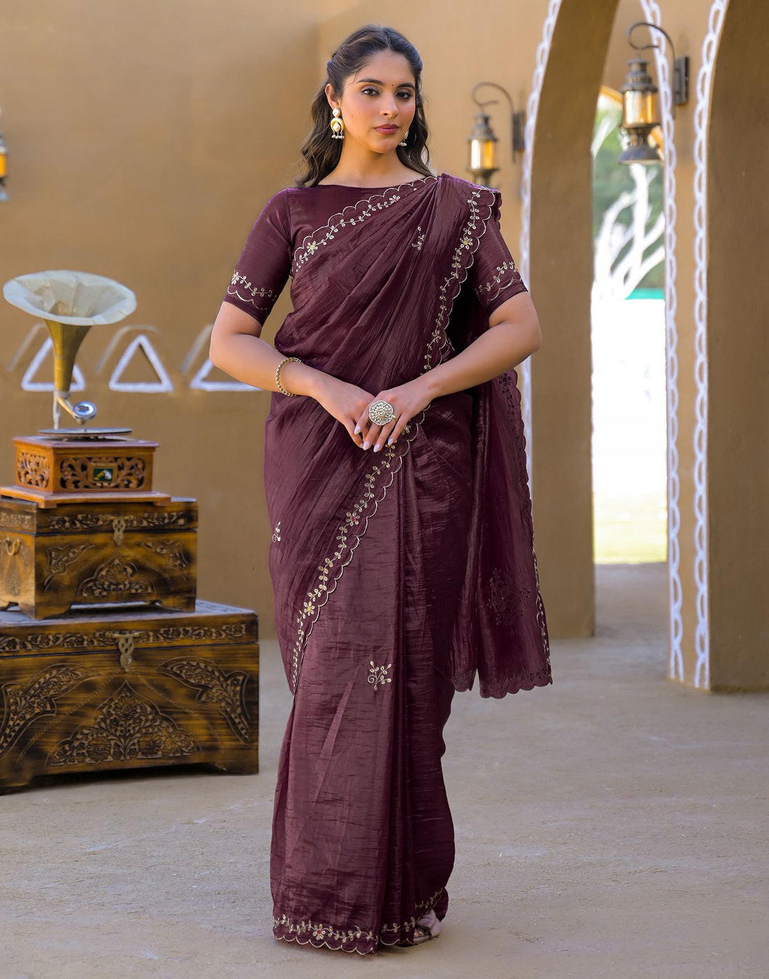Dusty Wine Crush Tissue Embroidery Saree