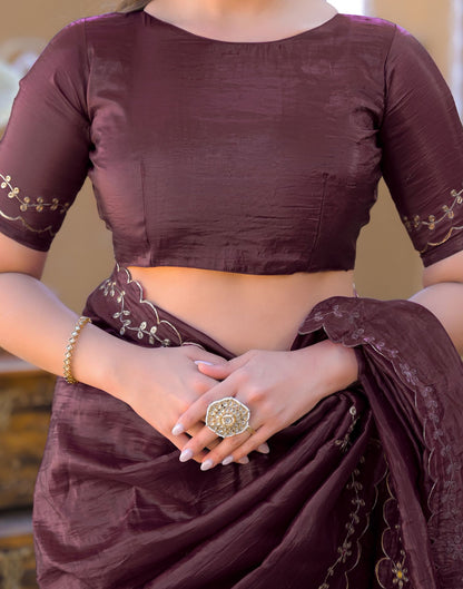 Dusty Wine Crush Tissue Embroidery Saree