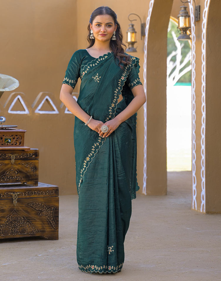 Dusty Teal Blue Crush Tissue Embroidery Saree
