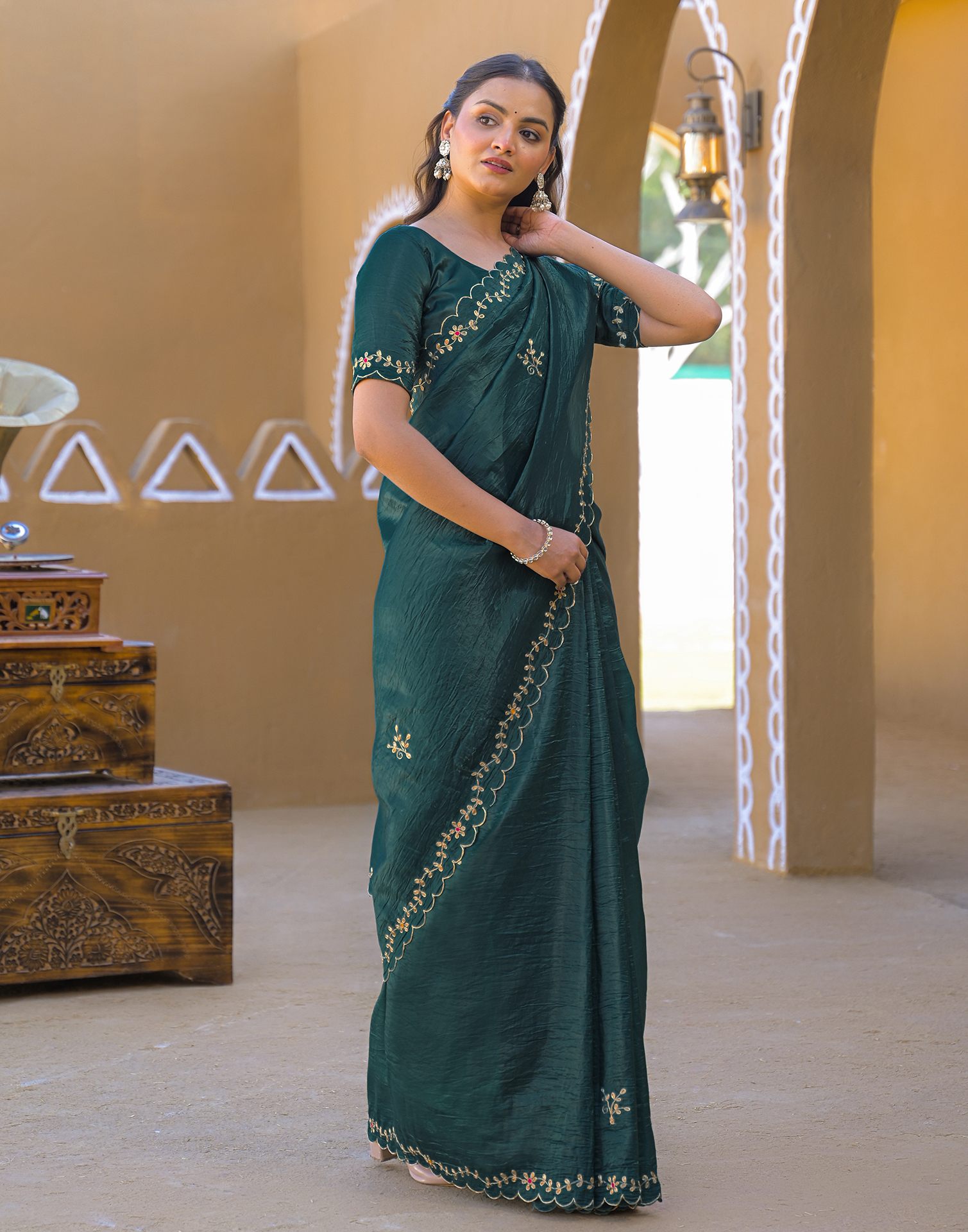 Dusty Teal Blue Crush Tissue Embroidery Saree