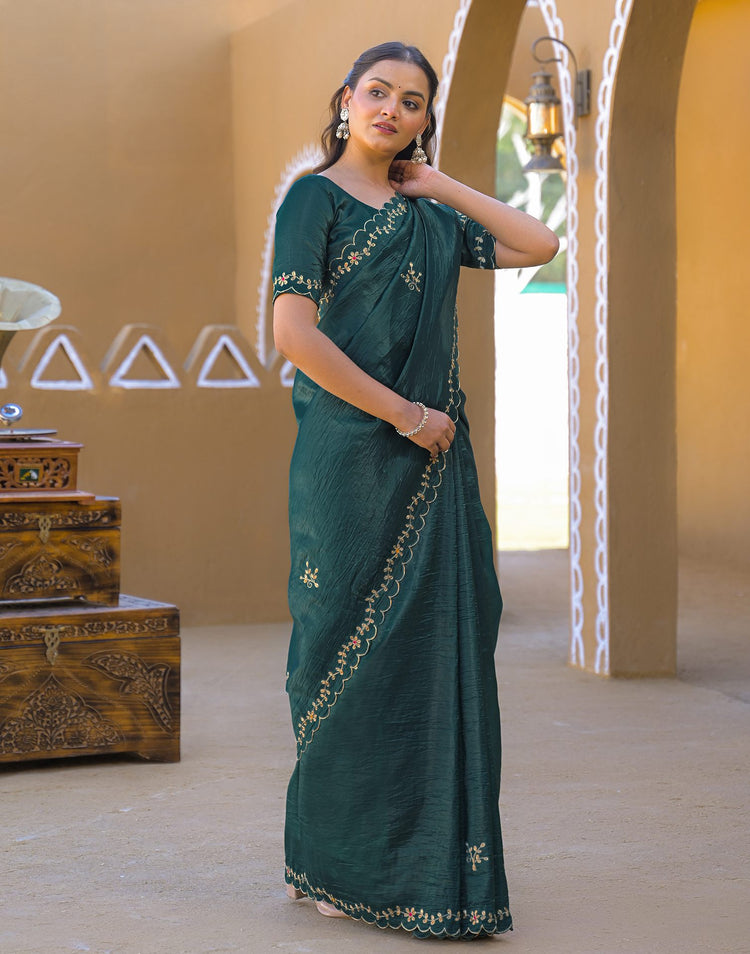 Dusty Teal Blue Crush Tissue Embroidery Saree