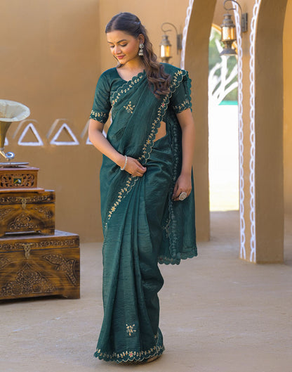 Dusty Teal Blue Crush Tissue Embroidery Saree