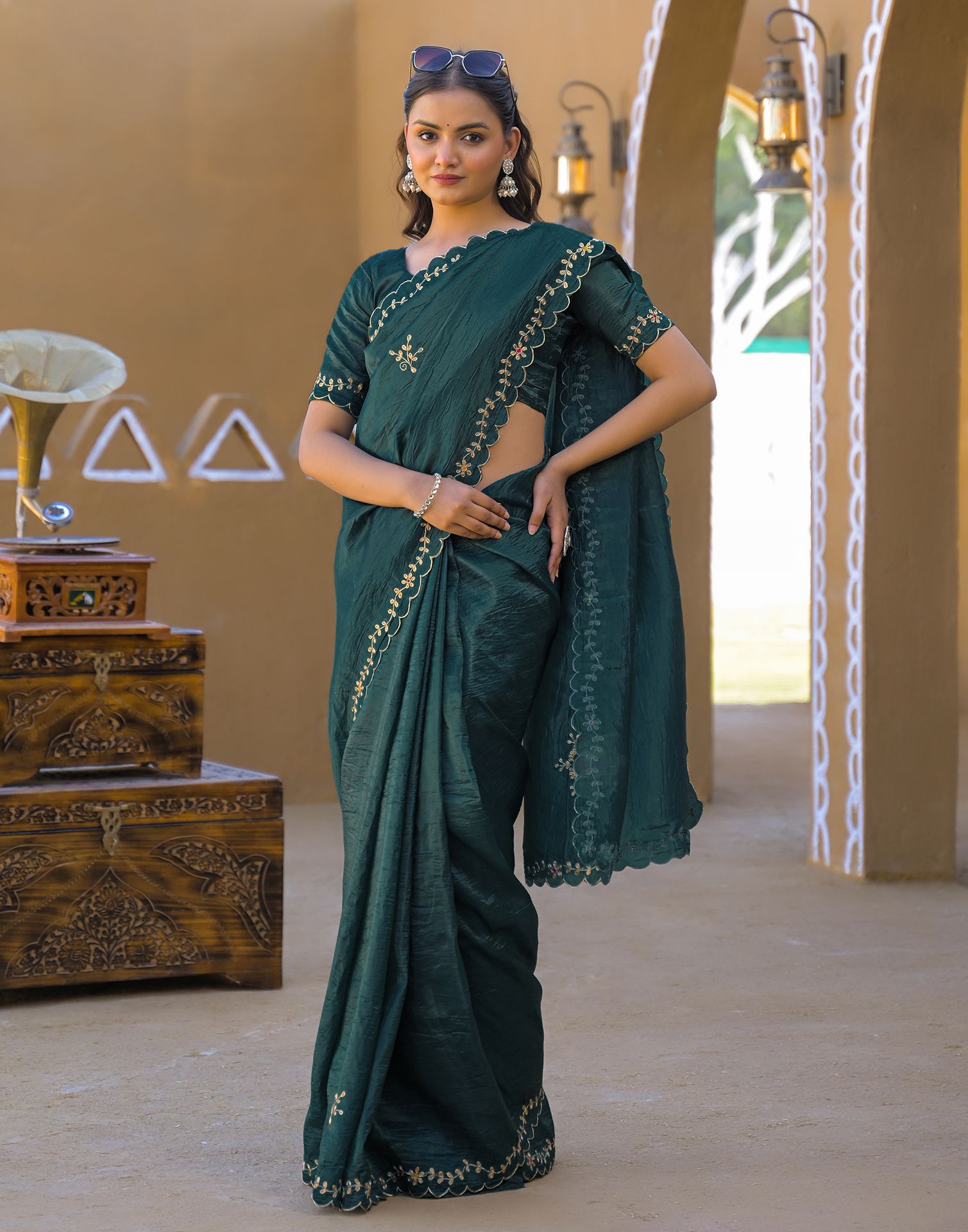 Dusty Teal Blue Crush Tissue Embroidery Saree