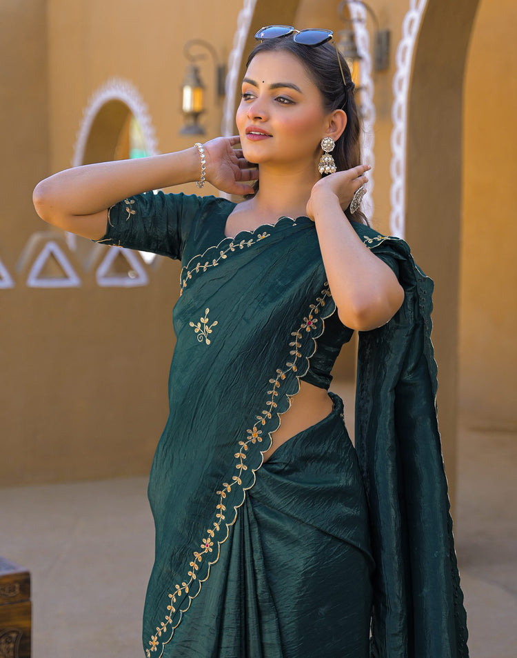 Dusty Teal Blue Crush Tissue Embroidery Saree
