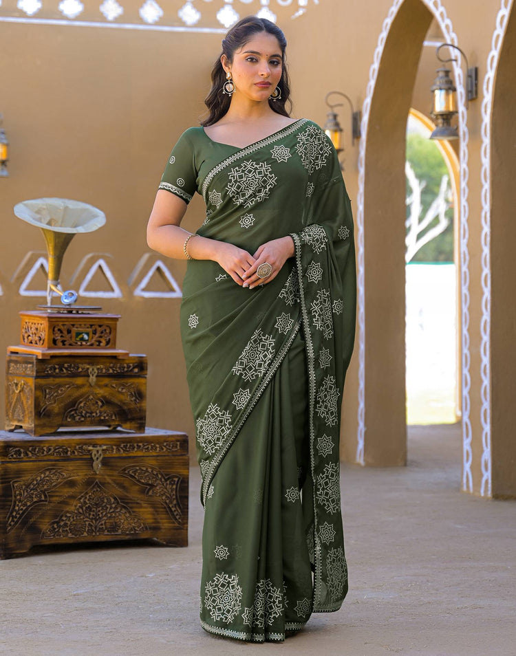 Mehandi Green Shimmer Sequence Embroidery Saree