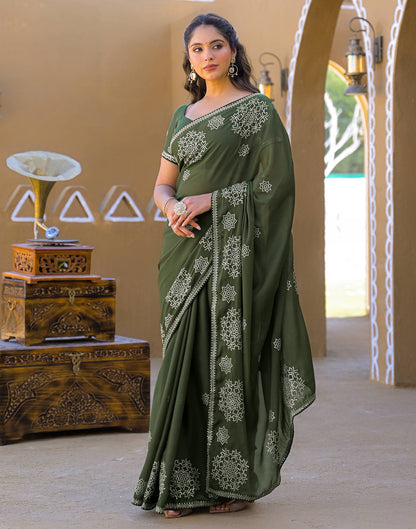 Mehandi Green Shimmer Sequence Embroidery Saree