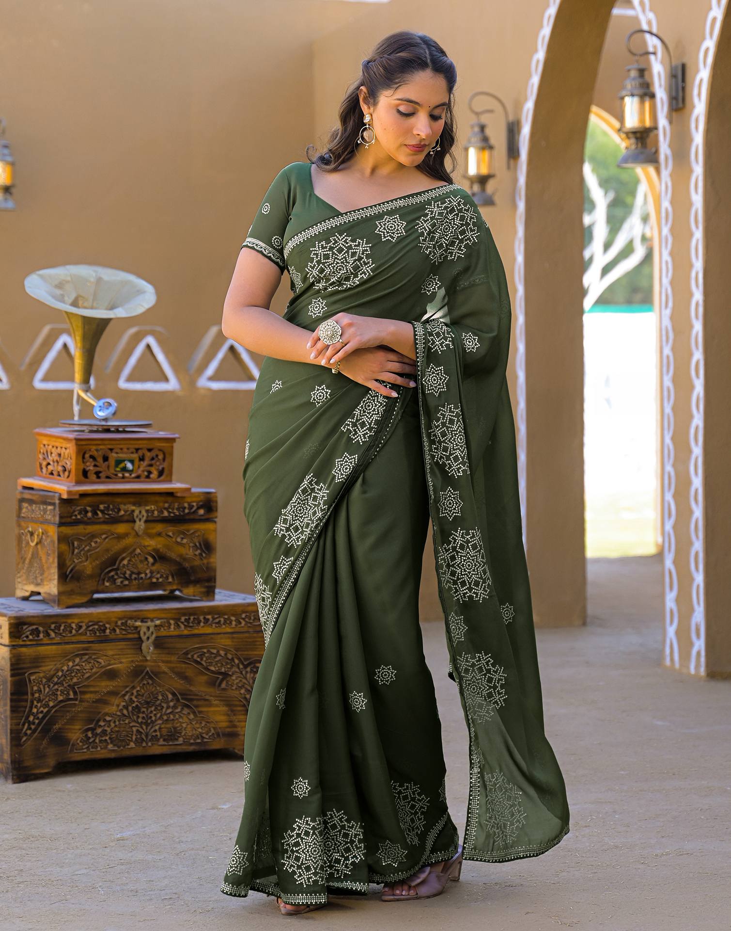 Mehandi Green Shimmer Sequence Embroidery Saree