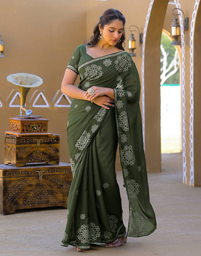 Mehandi Green Shimmer Sequence Embroidery Saree
