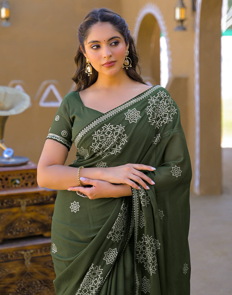 Mehandi Green Shimmer Sequence Embroidery Saree
