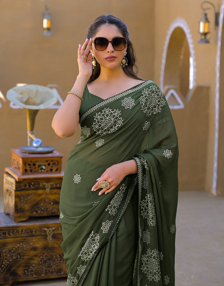 Mehandi Green Shimmer Sequence Embroidery Saree