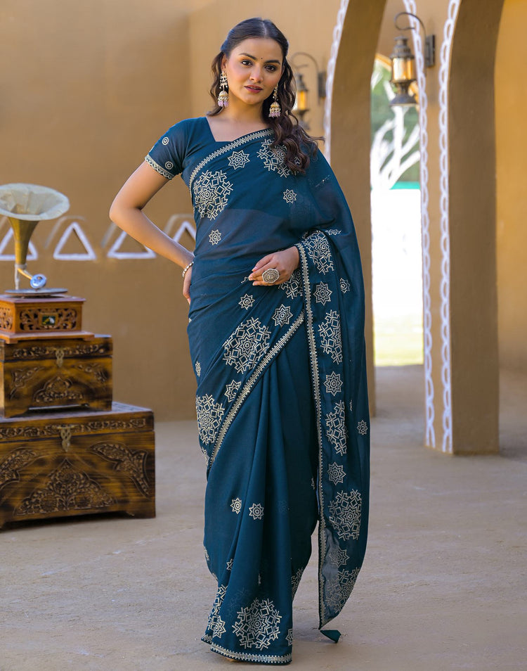 Rama Blue Shimmer Sequence Embroidery Saree