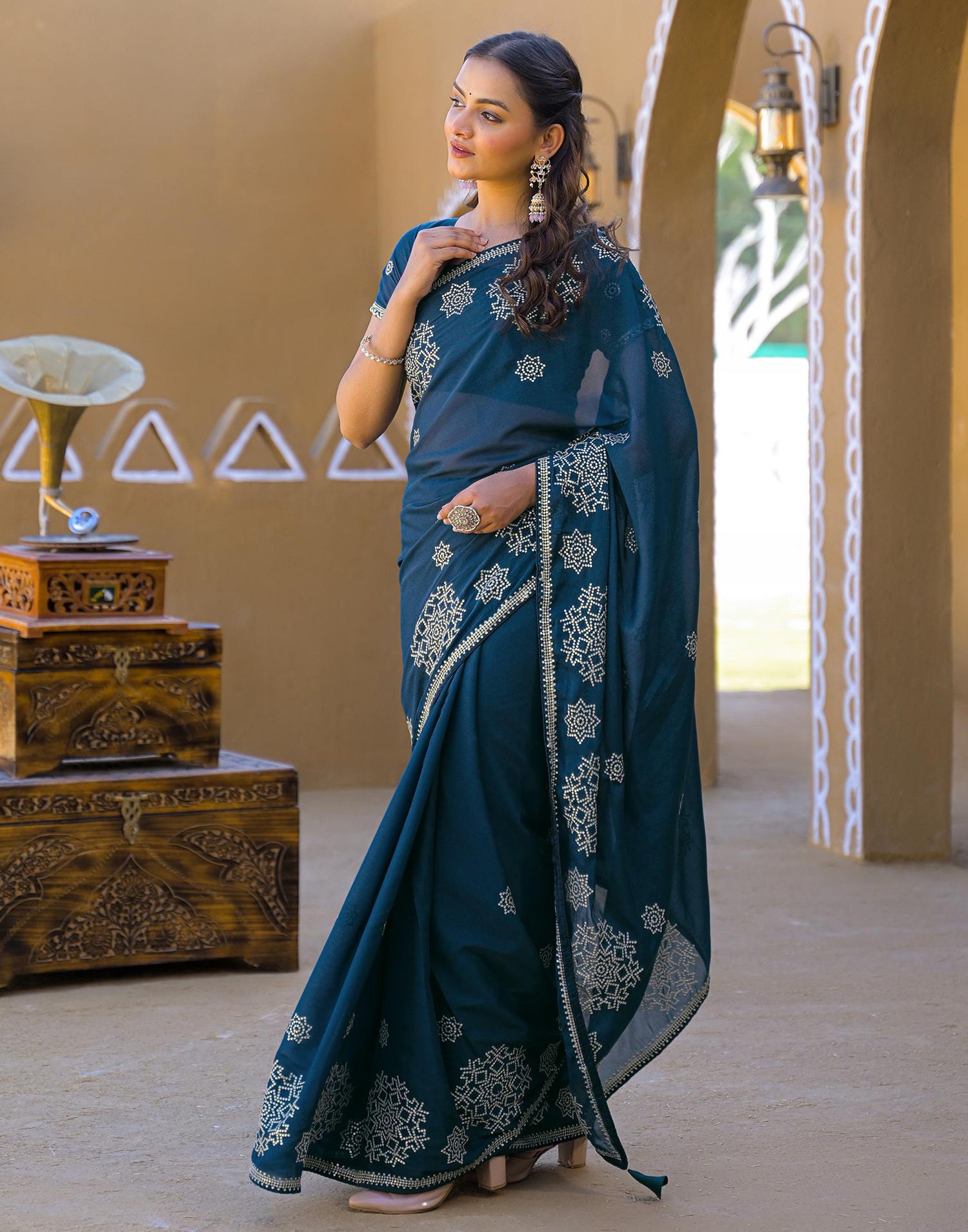 Rama Blue Shimmer Sequence Embroidery Saree